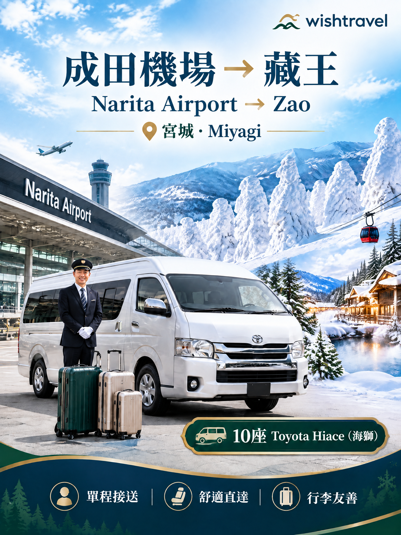 成田國際機場(NRT)→藏王(宮城縣),海獅單程 滑雪季接機服務
