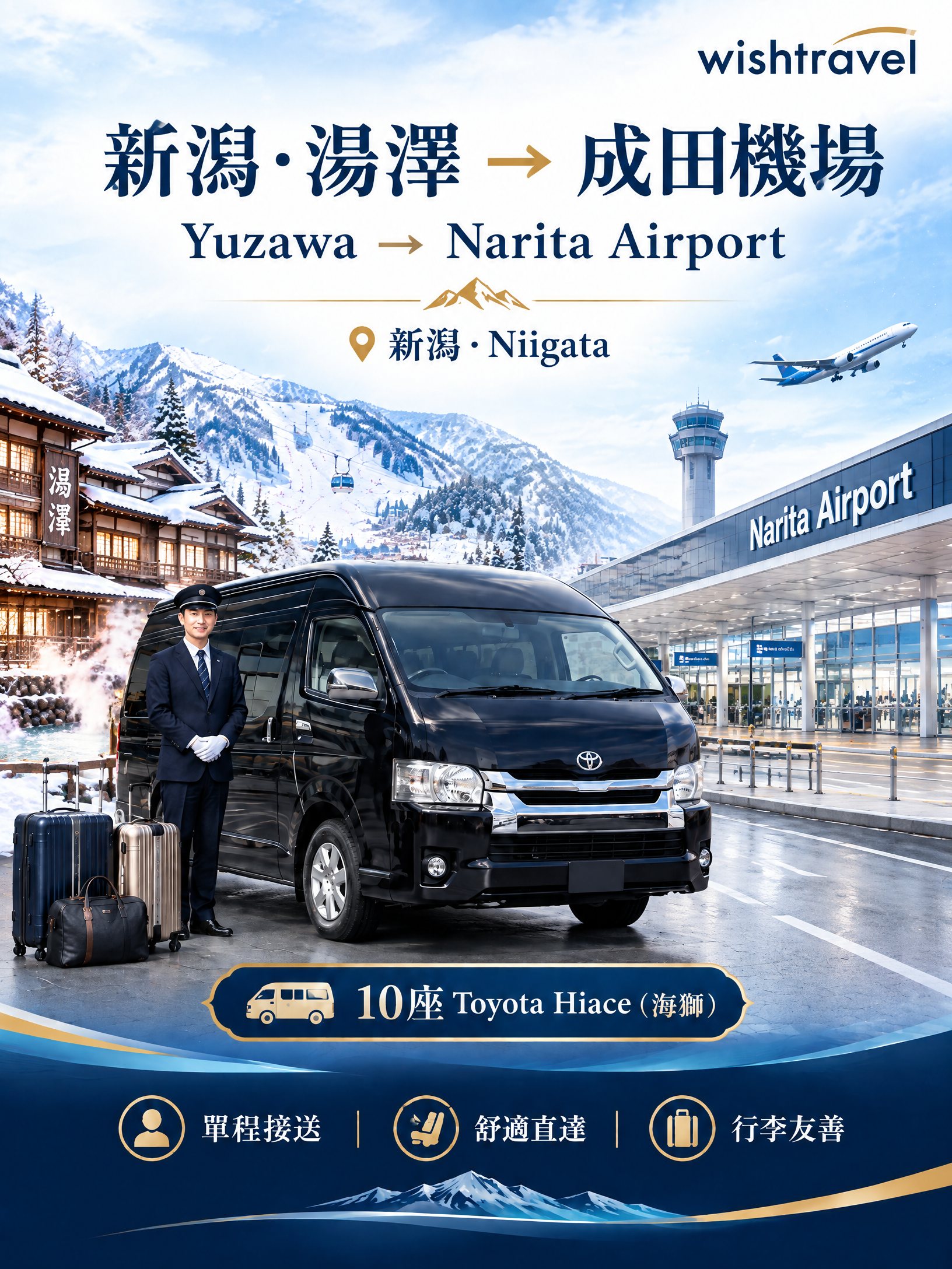 湯澤(新潟縣)→成田國際機場(NRT),豐田海獅單程 滑雪季送機服務