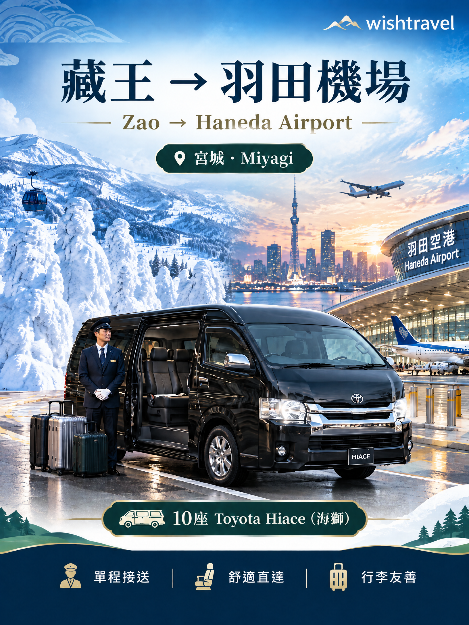 藏王(宮城縣)→羽田國際機場(HND),豐田海獅單程 滑雪季送機服務