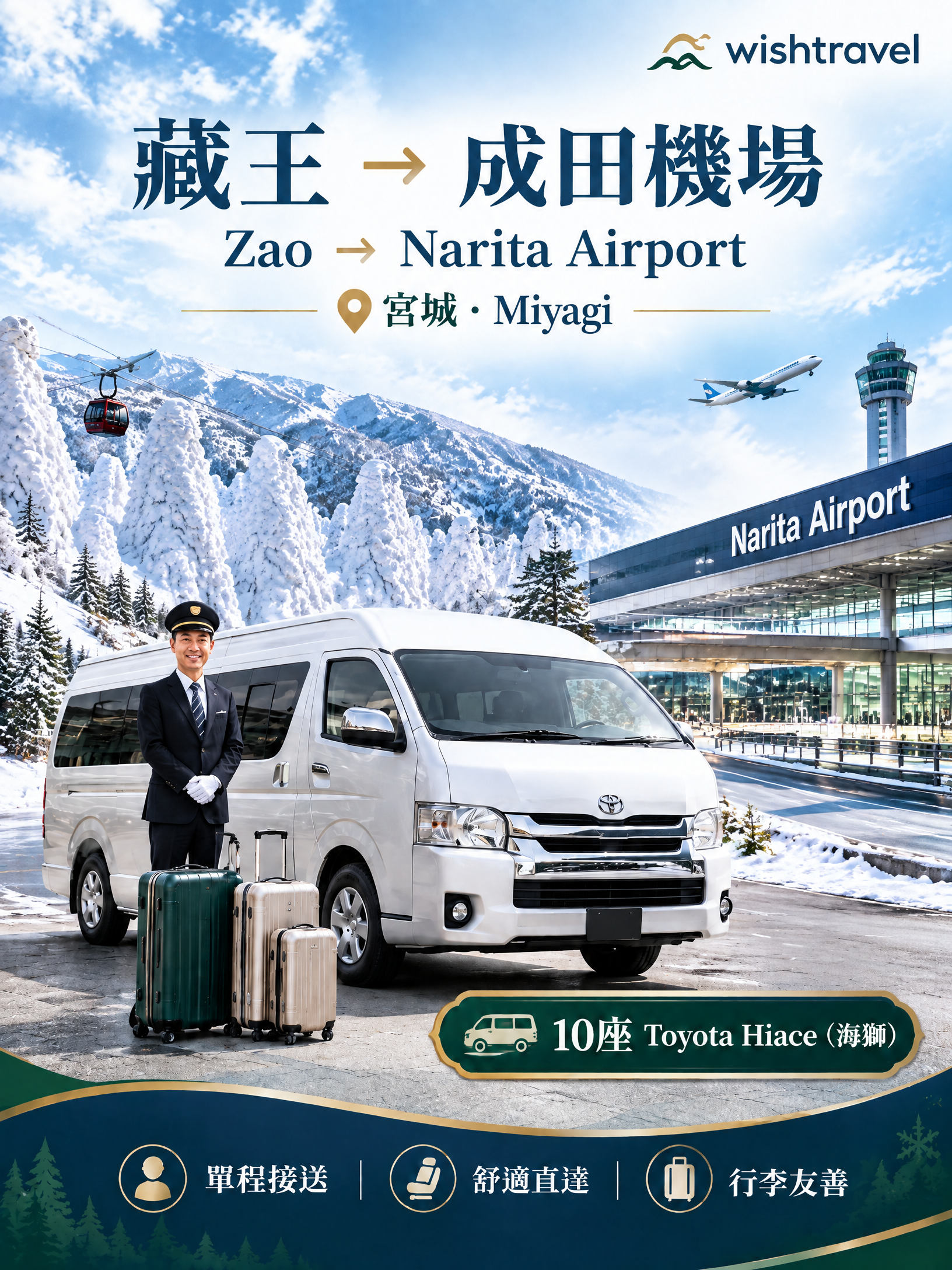藏王(宮城縣)→成田國際機場(NRT),豐田海獅單程 滑雪季送機服務